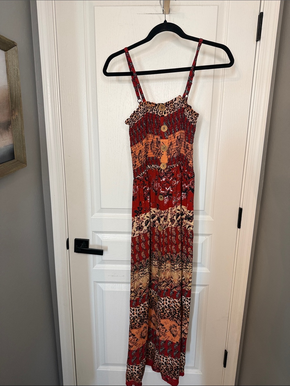 Angie Red and Tan Mixed-Print Strapless Maxi Dress